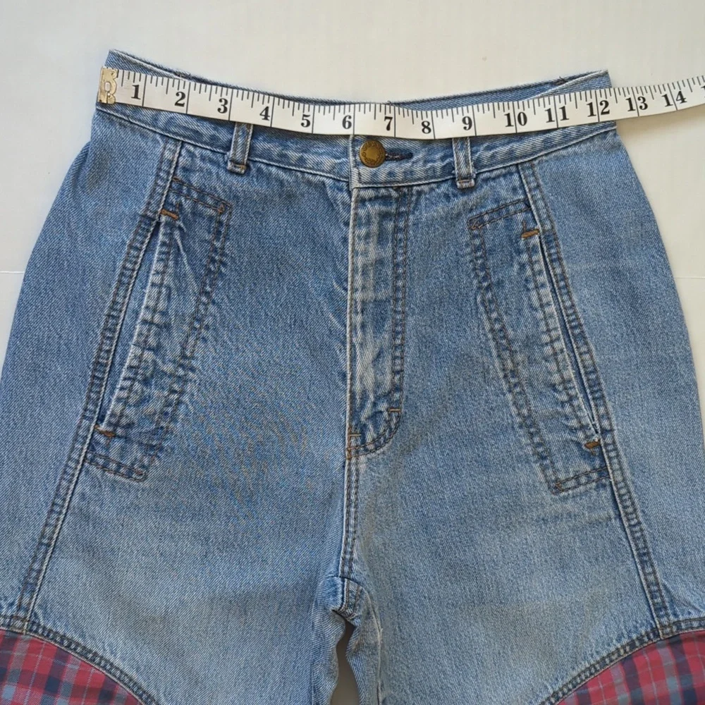 Vintage Touche' High-Waisted Mom Jeans Junior 5 Blue Red Plaid Y2K Denim
